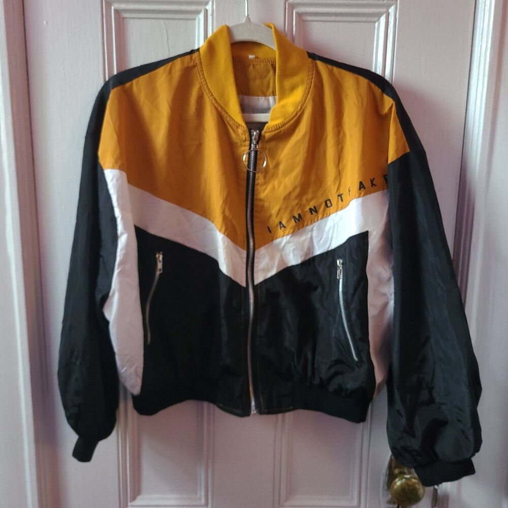 I AM NOT FAKE Women's Colorblock Bomber Jacket Full Zip Pockets Yellow M